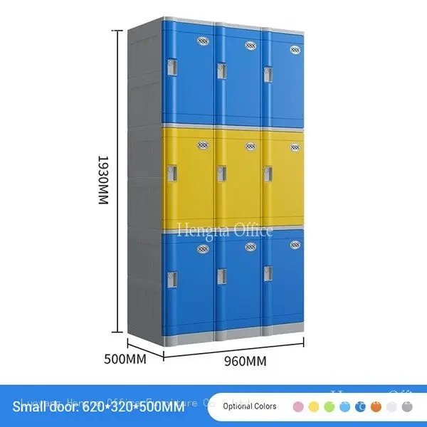 Rust-proof ABS plastic lockers in blue and yellow for swimming pool changing rooms