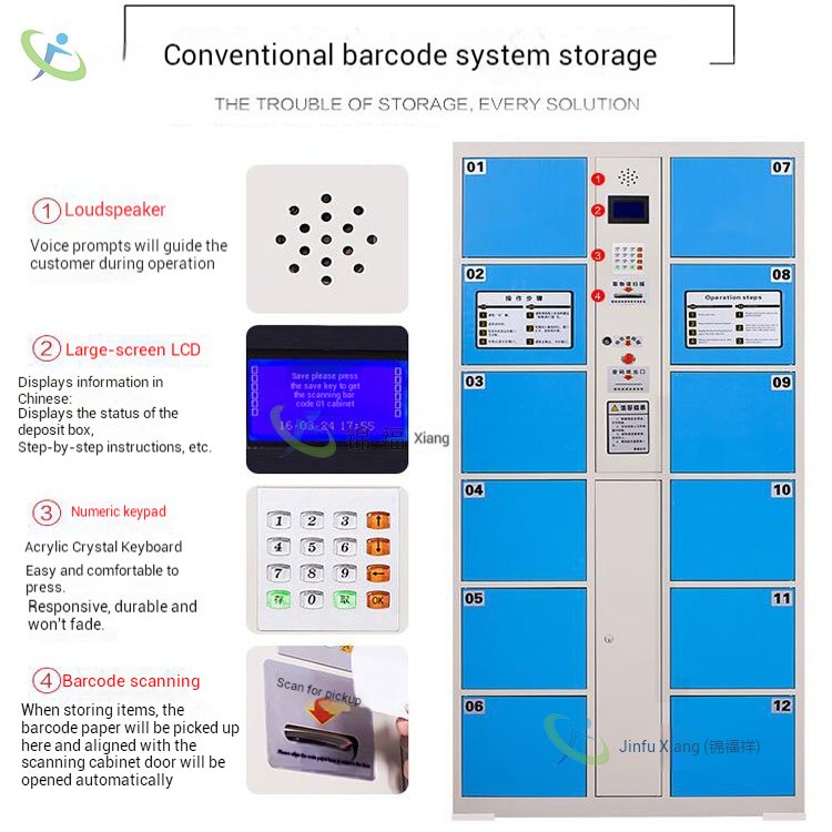 Juntuo 12-bay barcode locker in apple green, high-traffic public storage solution