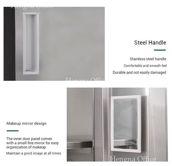 Recessed stainless steel handle design flush with locker door for safety