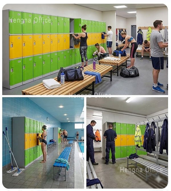 9-door ABS plastic locker in three real-world applications: top — gym members storing workout gear in fitness center; bottom-left — swimmer accessing locker beside indoor swimming pool; bottom-right — factory or facility staff using uniform storage lockers. Green and yellow color scheme throughout.