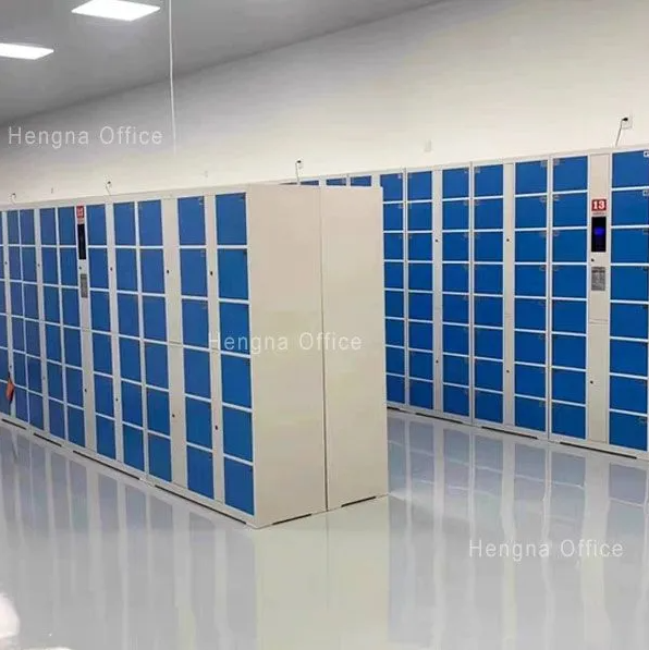 Shopper scanning her face to open a face recognition locker in a mall corridor — no keys or codes needed.