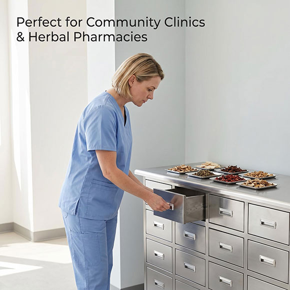 Stainless steel TCM herbal cabinet in a clinic pharmacy dispensing area